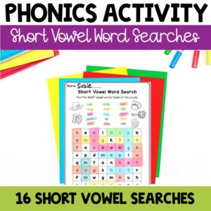 16 Short Vowel Word Search Phonics Activity for 1st 2nd grade | Lucky Learning with Molly Lynch