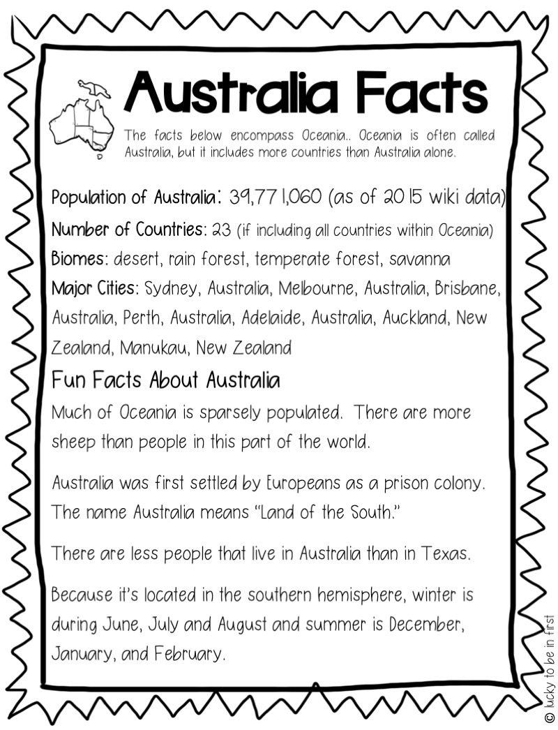 Australia Continent Study facts sheet | Lucky Learning with Molly Lynch