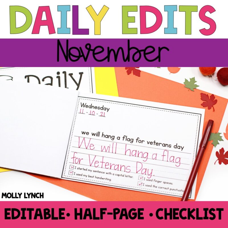 Everyday Edits November - Daily Sentence Edits for 1st Grade that are also editable | Lucky Learning with Molly Lynch