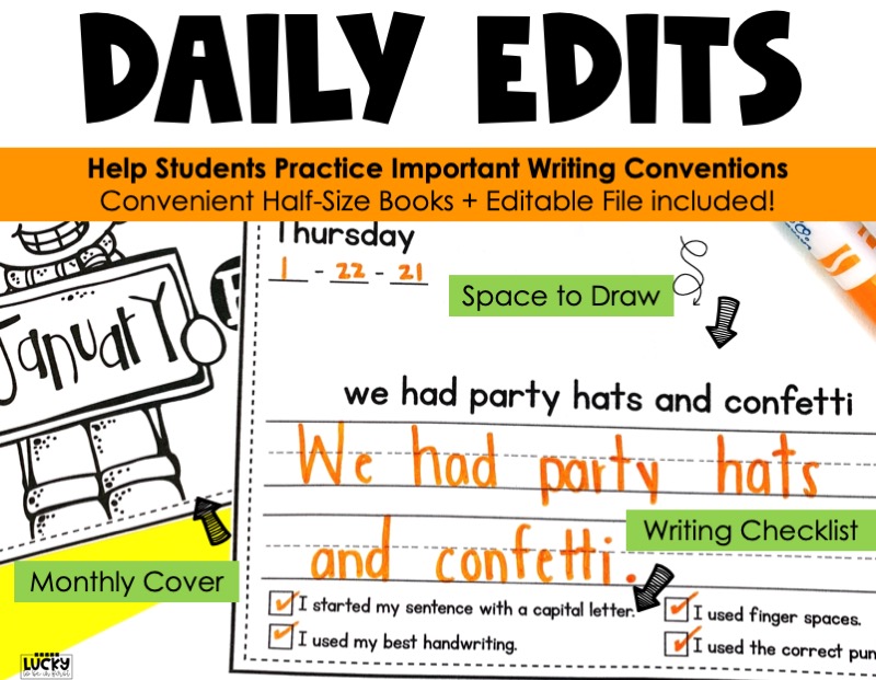 examples of a student using everyday edits with a january theme about new years | Lucky Learning with Molly Lynch