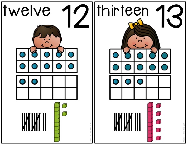 12 & 13 posters that shows tally marks, base tens blocks and tens frame | Lucky Learning with Molly Lynch