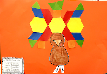 a student doing a pattern block turkey activity on orange paper | Lucky Learning with Molly Lynch