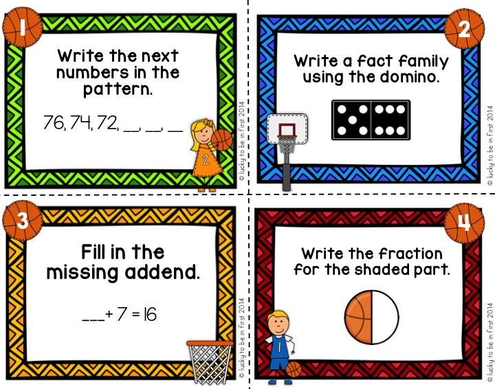 basketball task cards for 1st graders with dominos fractions and patterns | Lucky Learning with Molly Lynch