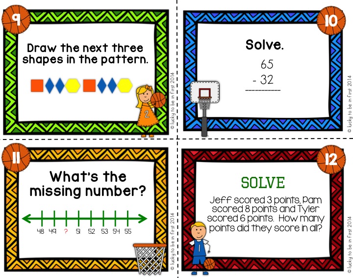 subtraction and problem solving basketball themed math task cards for 1st grade | Lucky Learning with Molly Lynch