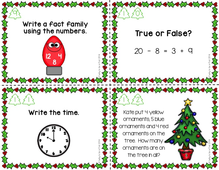 task cards about time, ornaments, and a christmas tree | Lucky Learning with Molly Lynch
