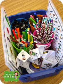 overhead of rainy day basket full of games and activities for elementary students | Lucky Learning with Molly Lynch