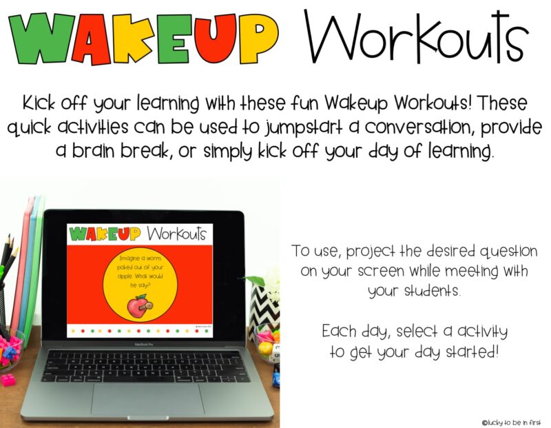 directions on how to use printable morning workouts that are september themed for 1st graders | Lucky Learning with Molly Lynch