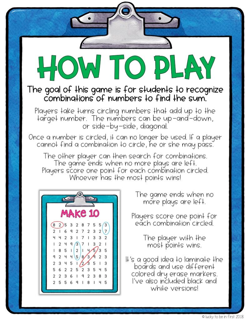 instructions for a simple 1st grade addition math game | Lucky Learning with Molly Lynch