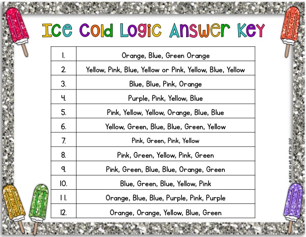 answer key example for summer logic puzzles designed for 1st graders | Lucky Learning with Molly Lynch