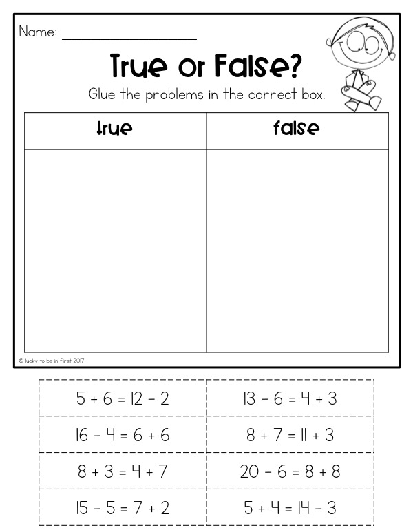 true or false math worksheet for 1st graders | Lucky Learning with Molly Lynch