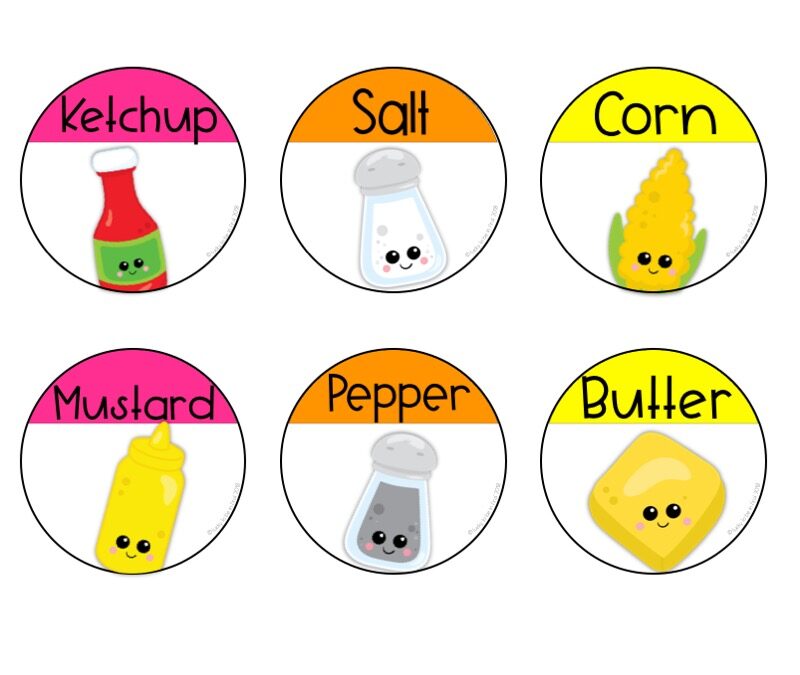 Partner Cards of ketchup and mustard salt and pepper and corn and butter | Lucky Learning with Molly Lynch