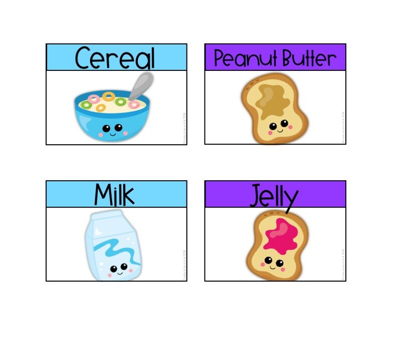 Partner Cards of milk and cereal and peanut butter and jelly | Lucky Learning with Molly Lynch