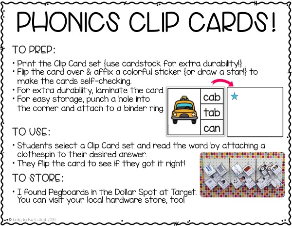 phonics clip cards activity for 1st graders | Lucky Learning with Molly Lynch