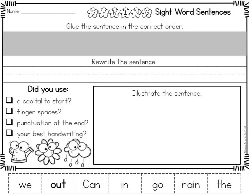 printable and cuttable fry word sentence activity for 1st graders about going in the rain | Lucky Learning with Molly Lynch