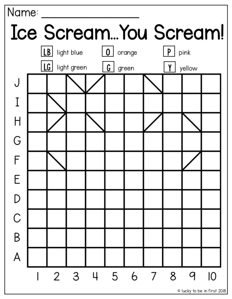 ice cream themed mystery grid coloring page example | Lucky Learning with Molly Lynch