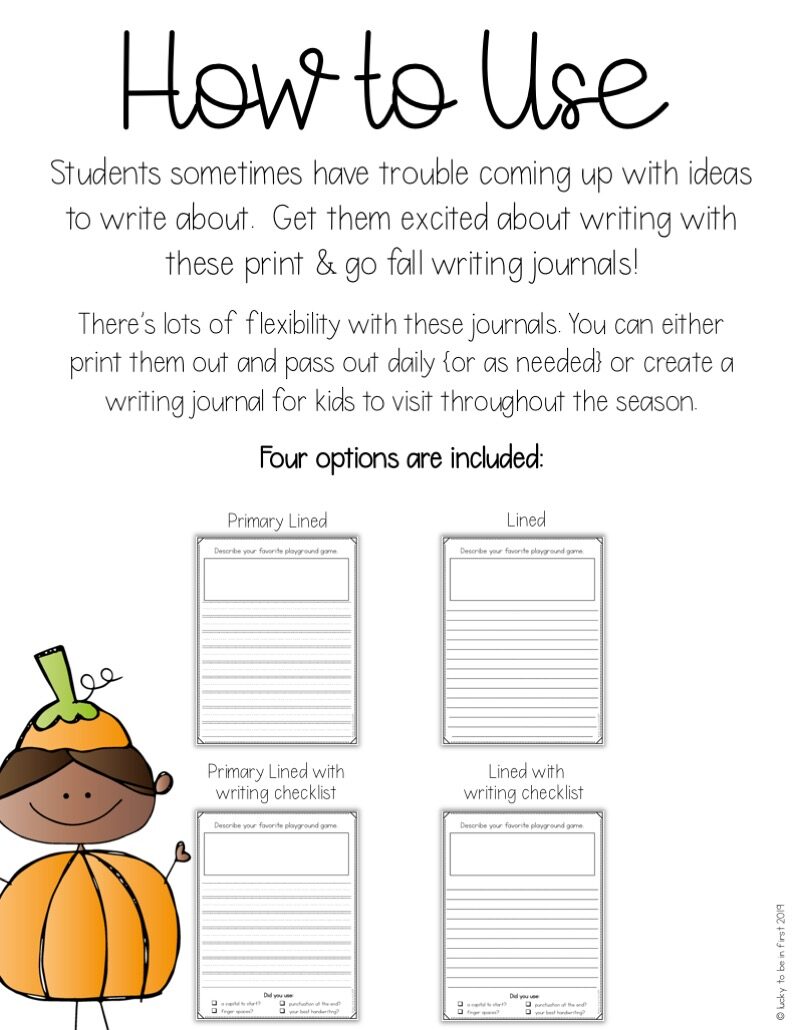 Fall Writing Journals directions for young writers | Lucky Learning with Molly Lynch