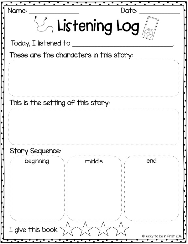printable listening worksheet about characters and story sequence for listening centers for k-2nd grade | Lucky Learning with Molly Lynch