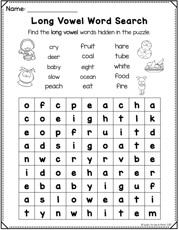 Long Vowel Word Search with words like baby, coal, deer, and food | Lucky Learning with Molly Lynch
