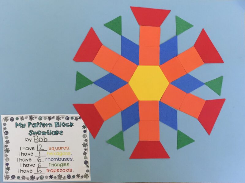 example of a pattern block snowflake made in an elementary classroom | Lucky Learning with Molly Lynch
