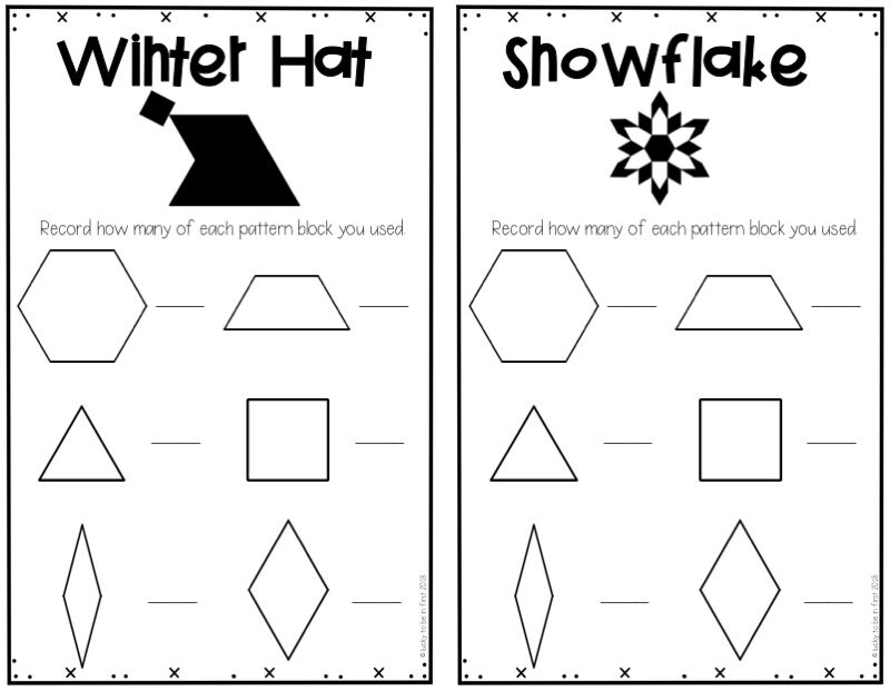 winter hat and snowflake pattern block puzzles mat for 1st grade | Lucky Learning with Molly Lynch