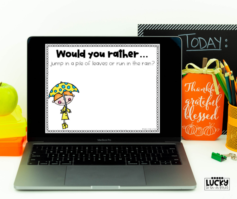 a would you rather writing prompt about jumping in leaves or running in the rain perfect for fall writing | Lucky Learning with Molly Lynch