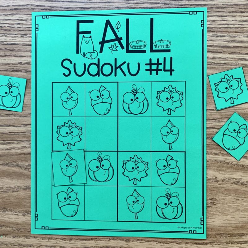 black and white sudoku puzzle with a fall theme | Lucky Learning with Molly Lynch