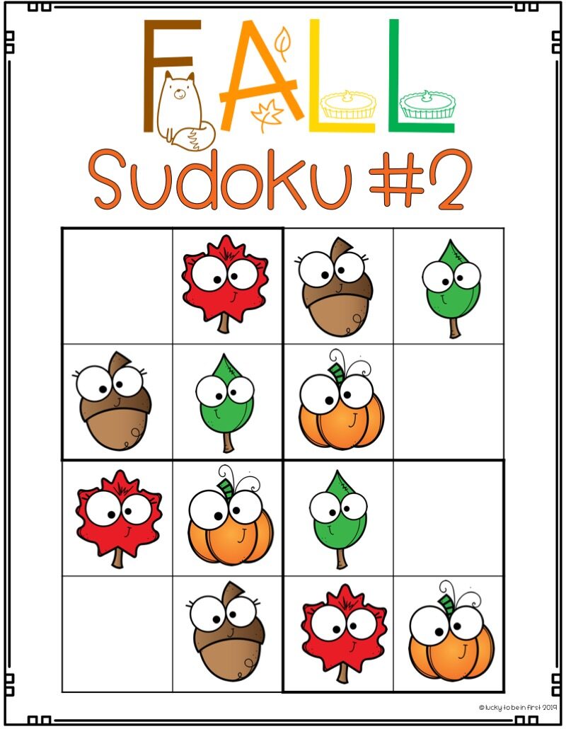 colored example of a fall sudoku puzzle for young students | Lucky Learning with Molly Lynch