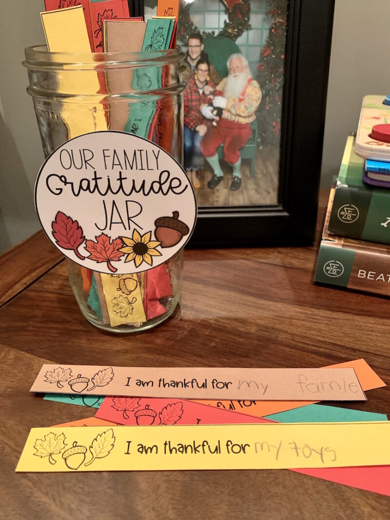 example of a family gratitude jar with a cute fall themed label | Lucky Learning with Molly Lynch