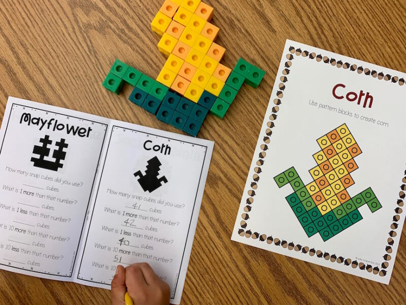 a student working on a corn shaped snap cube mat activity | Lucky Learning with Molly Lynch