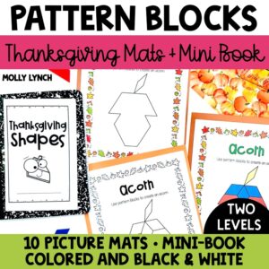 thanksgiving Pattern Block mat with 10 picture mats and mini books for 1st and 2nd grade | Lucky Learning with Molly Lynch