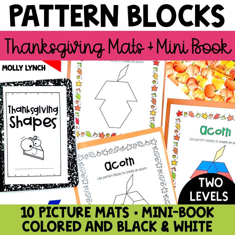Pattern Blocks 10 picture mats and mini books Thanksgiving 1st 2nd grade | Lucky Learning with Molly Lynch