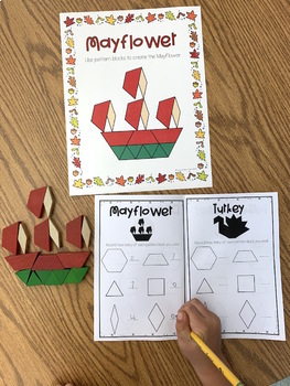 a 1st grader using a mayflower pattern block mat around thanksgiving time | Lucky Learning with Molly Lynch