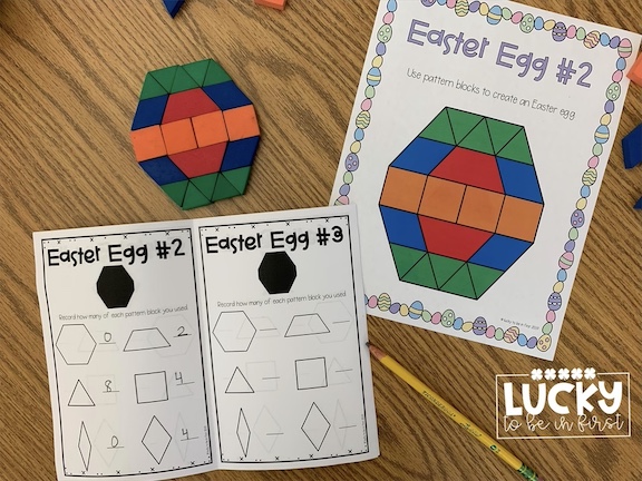 overhead view of easter pattern block mats + mini book | Lucky Learning with Molly Lynch