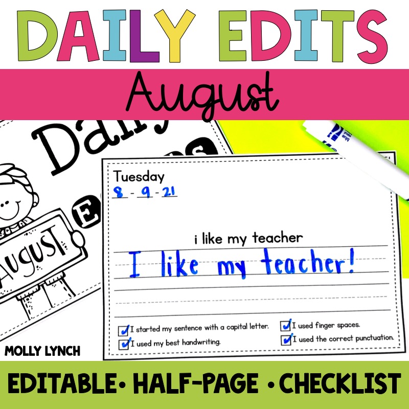 editable everyday edits for august daily sentence edits | Lucky Learning with Molly Lynch